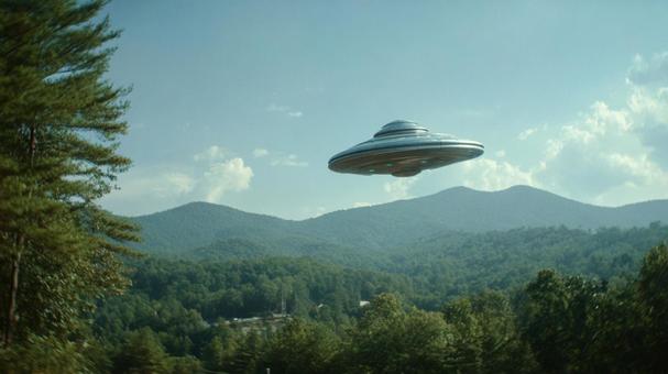 緑豊かな山々の上空に浮かぶ空飛ぶ円盤の写真
