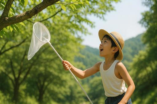 虫取りをする男の子 虫取りをする男の子の写真