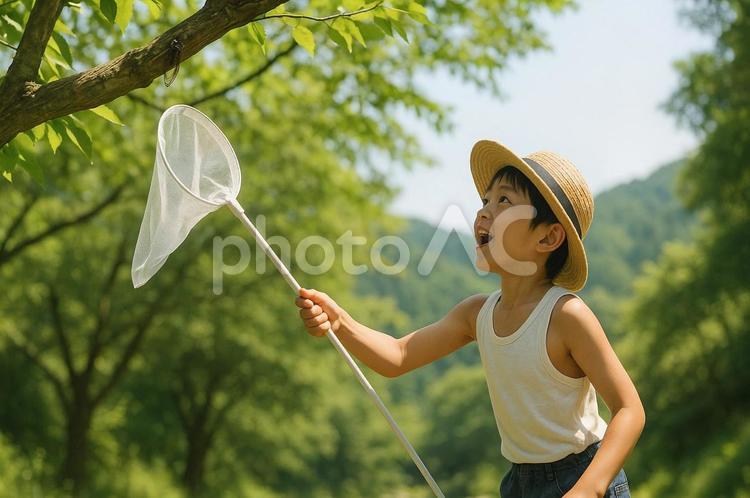 虫取りをする男の子 ai生成,人物,男の子の写真素材