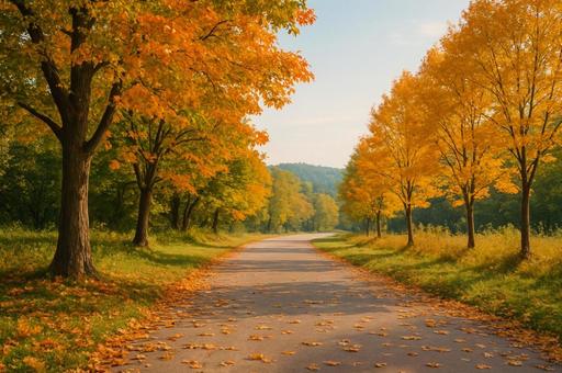 秋の散歩道 色づき始めた並木道の風景 秋の散歩道 色づき始めた並木道の風景の写真