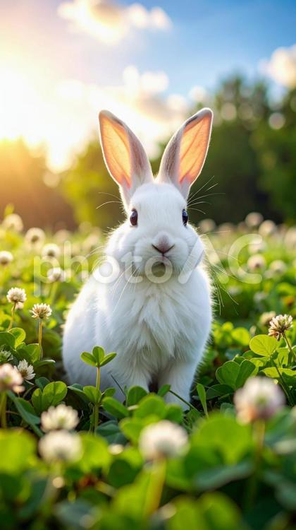 クローバー畑にたたずむ白ウサギ ウサギ,白,動物の写真素材