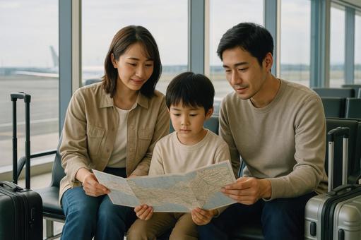 フライト前に地図を見る日本人夫婦と子ども フライト前に地図を見る日本人夫婦と子どもの写真