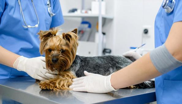 獣医と診察される犬 獣医と診察される犬の写真