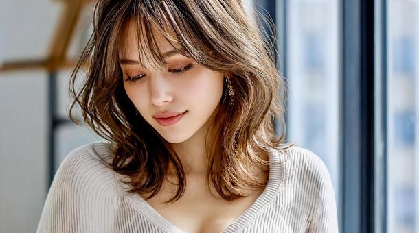 ナチュラルな雰囲気でうつ向く美しい女性 ナチュラルな雰囲気でうつ向く美しい女性の写真