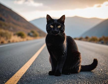 道路に座る黒猫 道路に座る黒猫の写真