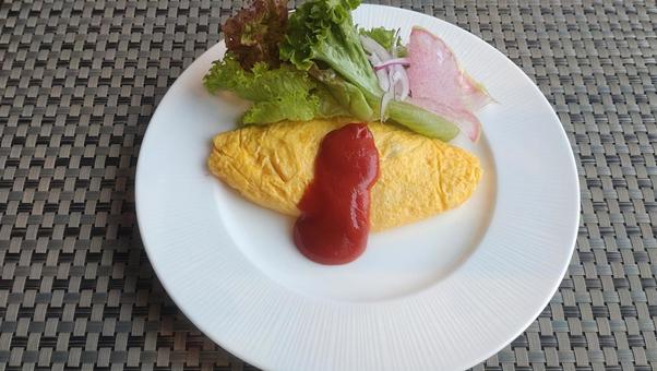 オムレツ サラダ ワンプレート 朝食 オムレツ サラダ ワンプレート 朝食 オムレツ,ケチャップ,プレーンオムレツの写真素材