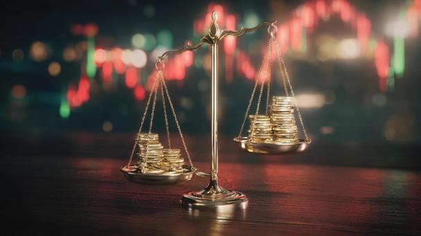 投資の公平性を示す天秤と金色の硬貨の写真