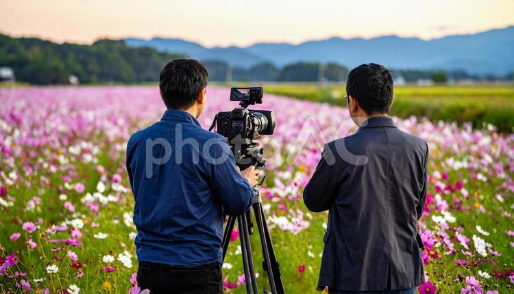 コスモス畑を撮影するテレビ局のスタッフ カメラクルー,テレビ局,コスモス畑の写真素材