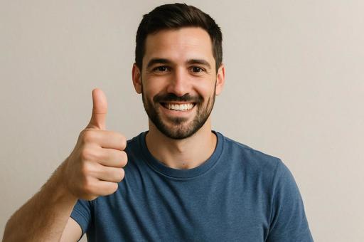 笑顔でサムズアップする男性 笑顔でサムズアップする男性の写真