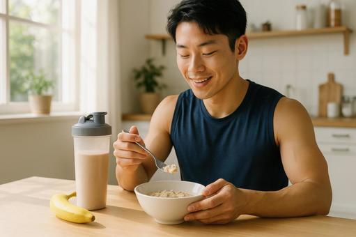 筋トレ前の朝食風景 筋トレ前の朝食風景の写真