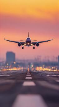 黄昏時の空港で着陸する旅客機の壮大な光景 黄昏時の空港で着陸する旅客機の壮大な光景の写真