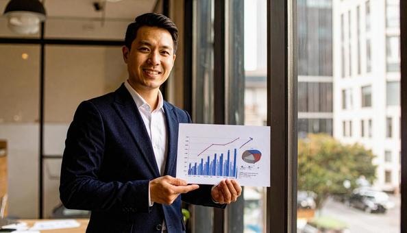 右上がりのグラフを片手に持つビジネスマン 右上がりのグラフを片手に持つビジネスマンの写真