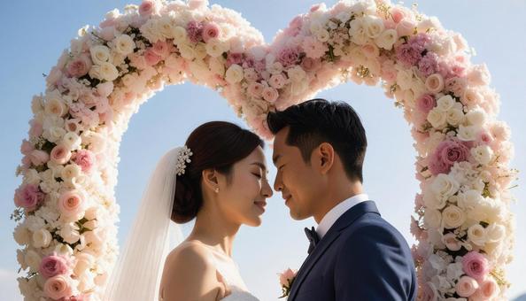 ハート形の花のアーチの前の新郎新婦 ハート形の花のアーチの前の新郎新婦の写真