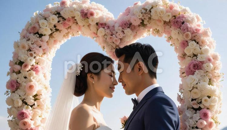 ハート形の花のアーチの前の新郎新婦 ウエディング,アーチ,デコレーションの写真素材