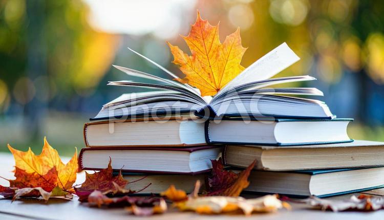 読書の秋　机の上の本　落ち葉の紅葉 読書,秋,本の写真素材