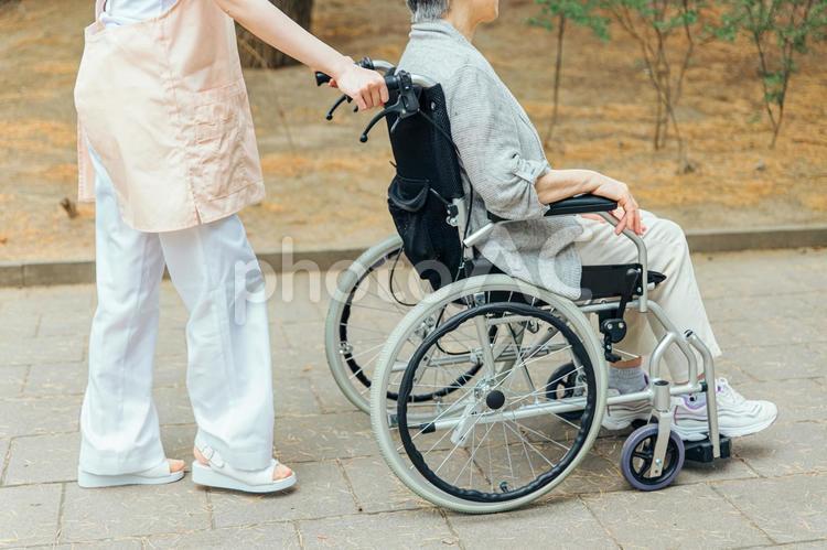 車椅子に乗った高齢者女性と女性スタッフ（横顔） 介護士,高齢者,看護師の写真素材