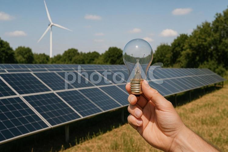 再生可能エネルギーと電球を持つ人の手 再生可能エネルギー,ソーラーパネル,太陽光発電の写真素材