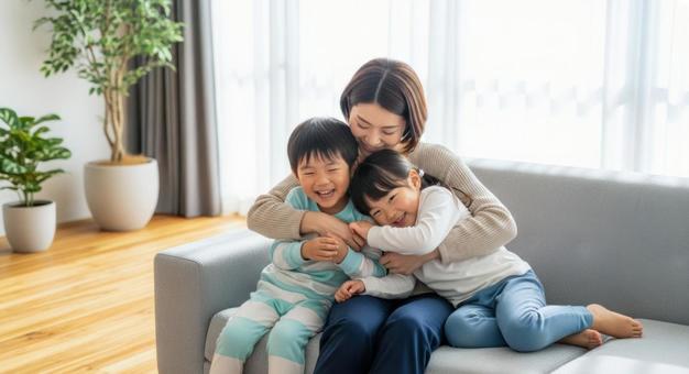 ソファで親子が笑顔で寄り添う幸せな時間 ソファで親子が笑顔で寄り添う幸せな時間の写真
