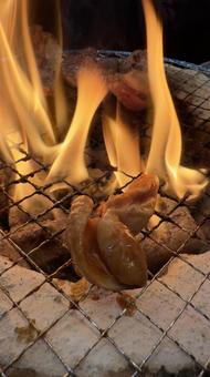 焼肉屋で七輪炭焼き ホルモンと豚バラに炎 焼肉屋で七輪炭焼き ホルモンと豚バラに炎 焼肉,カルビ,七輪の写真素材