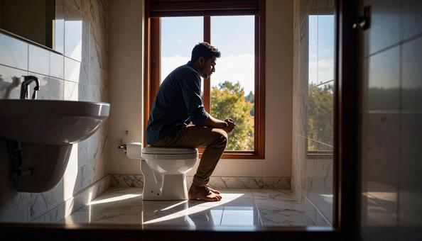 男子トイレで暇つぶしをする男性 男子トイレで暇つぶしをする男性の写真