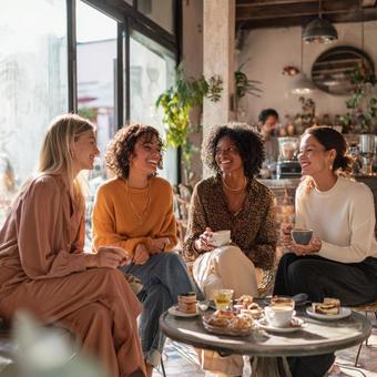 おしゃれなカフェで談笑する4人の女性 おしゃれなカフェで談笑する4人の女性の写真