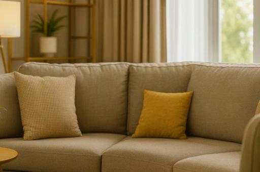 黄色のクッションが映えるモダンなリビングの写真