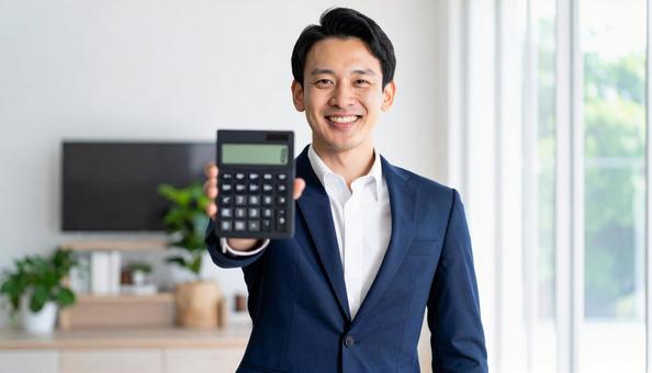訪問営業をして電卓を示す若いセールスマン 訪問営業をして電卓を示す若いセールスマンの写真