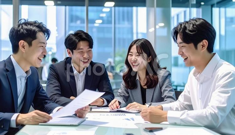 テーブルを囲んで会議するビジネスパーソン ビジネス,会議,ミーティングの写真素材