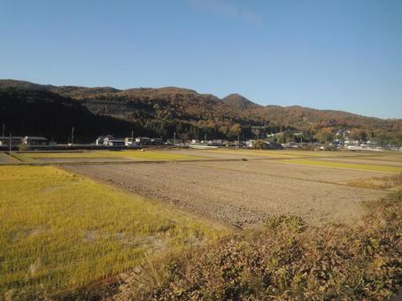車窓から 稲刈り後 紅葉 車窓から 稲刈り後 紅葉 稲刈り後,田んぼ,秋の写真素材