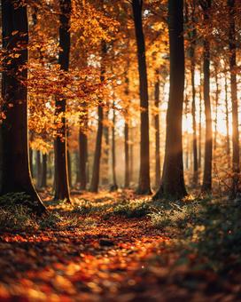 夕日が差し込む紅葉の幻想的な森 夕日が差し込む紅葉の幻想的な森の写真