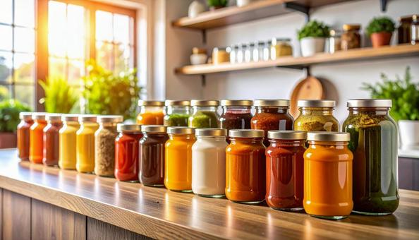 キッチンに並べられた調味料 キッチンに並べられた調味料の写真