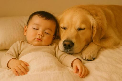 赤ちゃんと犬の寝顔 赤ちゃんと犬の寝顔の写真
