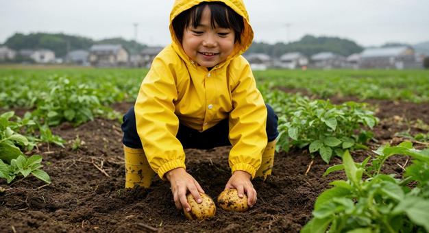 黄色い服を着た男の子のじゃがいも収穫 黄色い服を着た男の子のじゃがいも収穫の写真