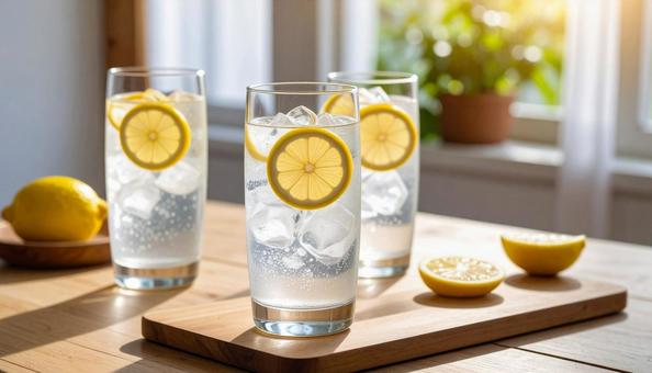 炭酸水　レモンと氷入りの写真