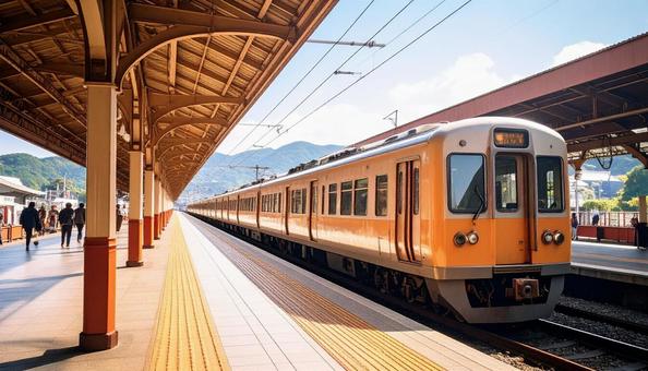 駅のホームに止まる電車 駅のホームに止まる電車の写真