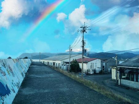 雨上がりの港 虹,和歌山県,加太の写真素材