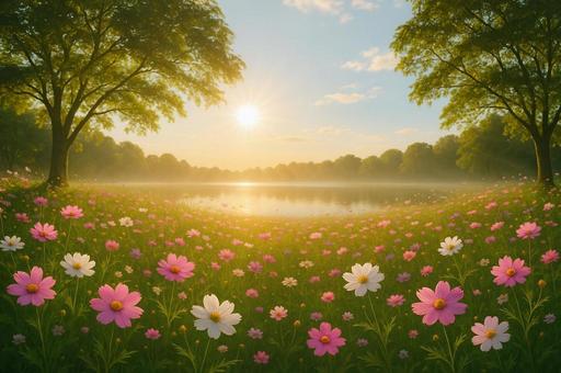 花畑とやわらかな木漏れ日の癒し風景 花畑とやわらかな木漏れ日の癒し風景の写真