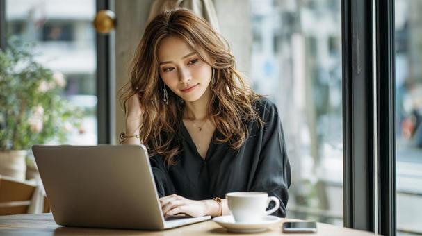 カフェでノートパソコンを使う女性の写真