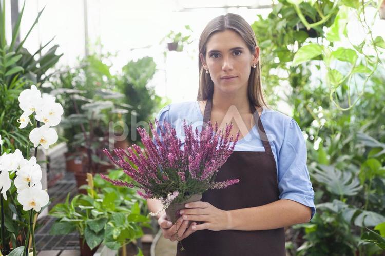 鉢植えを持ってカメラ目線の女性2 女性,フローリスト,花屋の写真素材