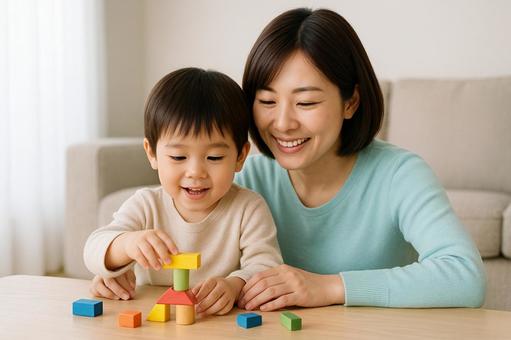 子育て 積み木で遊ぶ親子1 子育て 積み木で遊ぶ親子1の写真