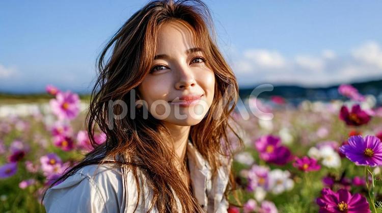 コスモス畑で微笑む女性の秋ポートレート 女性,コスモス,花の写真素材
