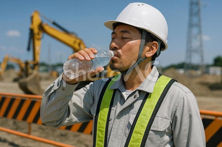 工事現場で水分補給をしている男性作業員 屋外,工事現場,工事の写真素材