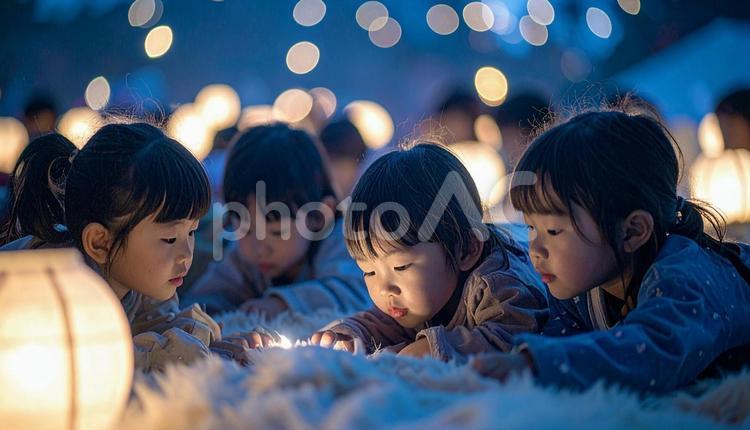 お泊り保育で一緒に眠る園児たち お泊り保育,お泊り会,子供の写真素材