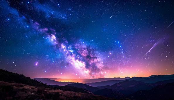 山並みと夜空に広がる天の川の写真