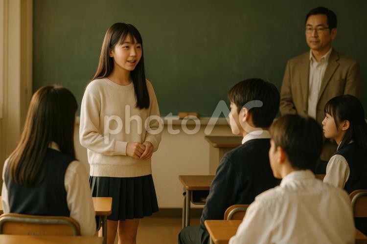 教室の前で発表をする小学生の横顔 小学生,発表,教室の写真素材
