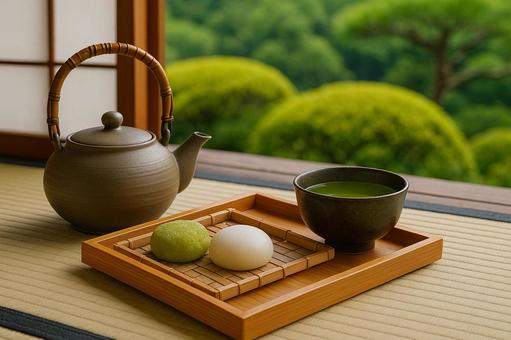 抹茶と和菓子の庭園茶会の写真