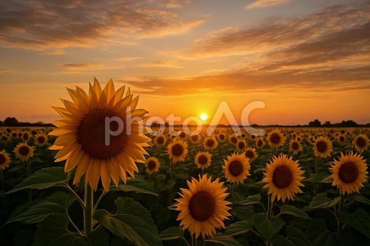 夕暮れのひまわり畑 夜,夜景,夏の写真素材