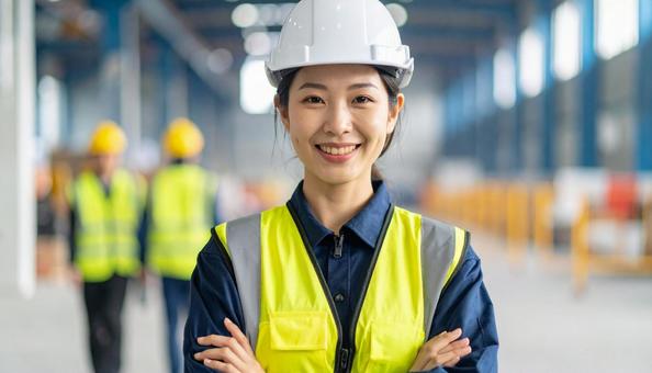 建設現場で腕組みをする女性建設作業員 建設現場で腕組みをする女性建設作業員の写真