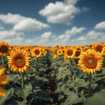 青い空と白い雲が広がる夏のひまわり畑の写真