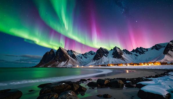 オーロラ　夜景　北欧　山　海の写真